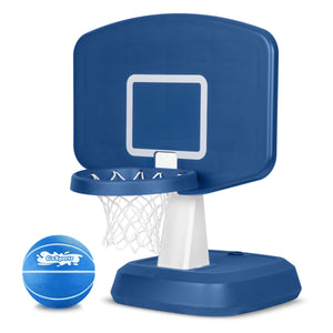 a blue basketball hoop with a white basketball ball