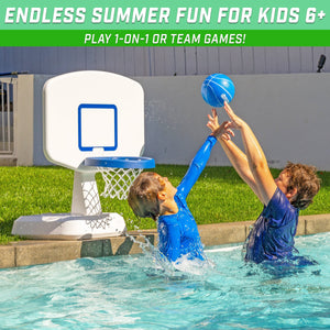 two boys playing in a pool with a frc