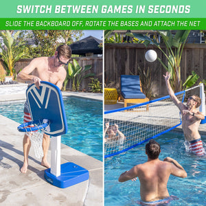 a man playing volleyball in a pool with a net