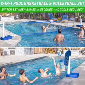 a group of people playing volleyball in a pool