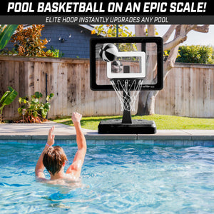 a man in a pool with a basketball hoop