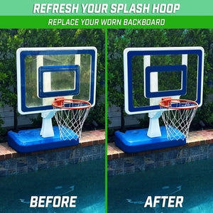 a basketball hoop with a pool in the background