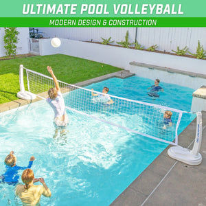 a group of people playing volleyball in a pool