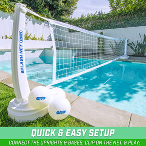 a pool with a volleyball net and ball